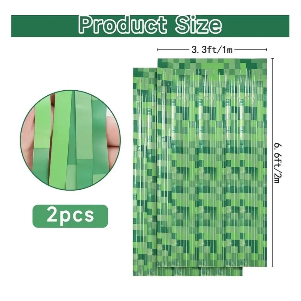 2 Pack Pixel Foil Curtain Backdrop 3.2x6.6 ft Green Metallic Fringe Streamers